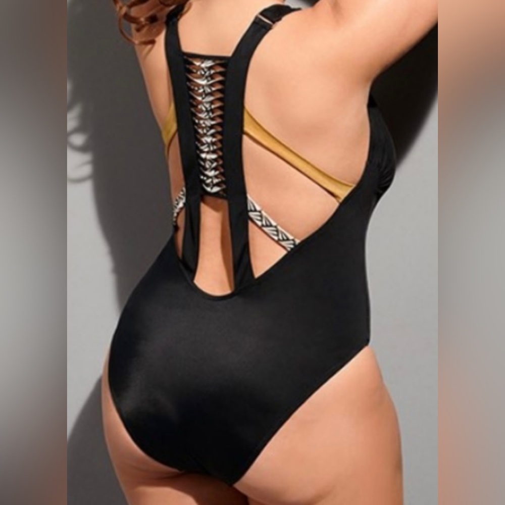 Swimsuits For All Black One-Piece Swimsuit with Gold Accent
